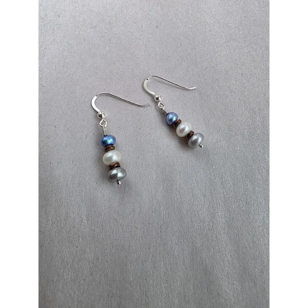 New Sterling Silver Dangle‎ Earrings White Silver Blue Genuine Pearl Stamped 925